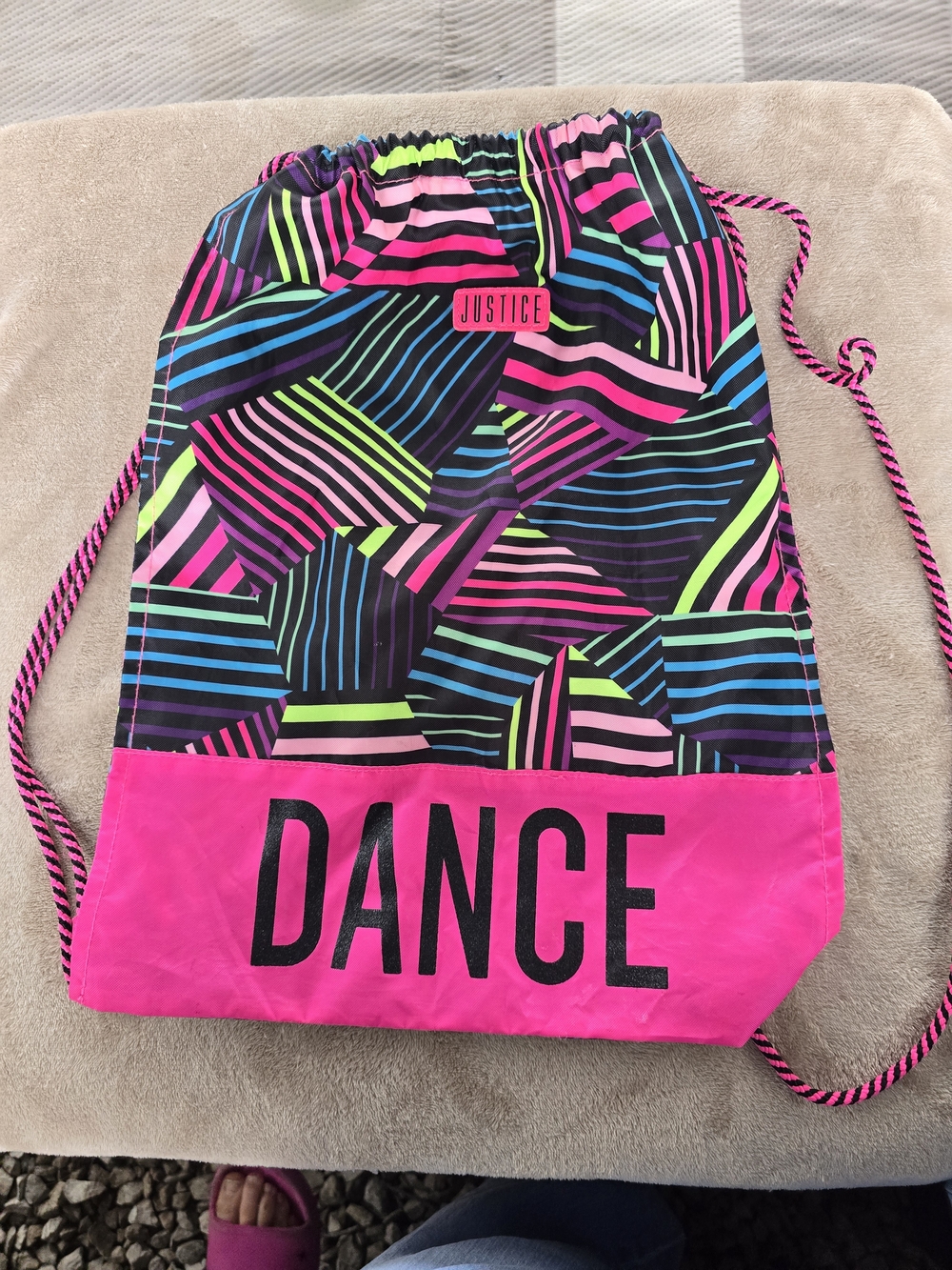 Justice Neon Stripe Dance Drawstring Backpack - Pink, Black, Blue, Green